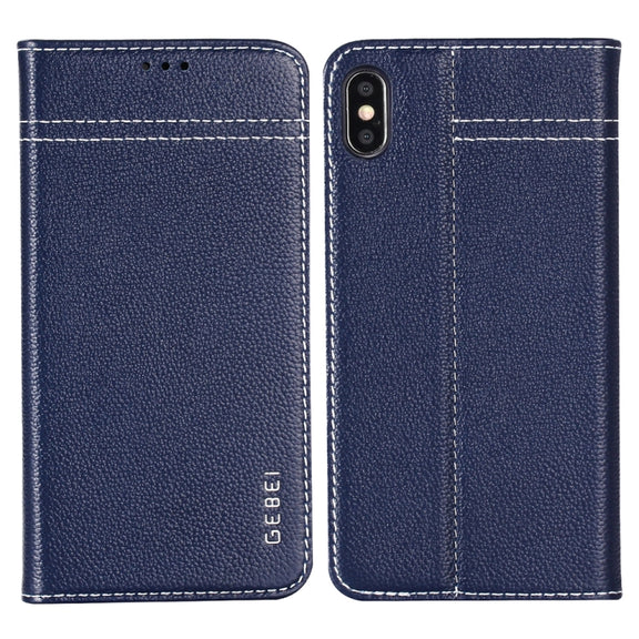 For iPhone XS / X GEBEI Top-grain Leather Horizontal Flip Protective Case with Holder & Card Slots(Blue)