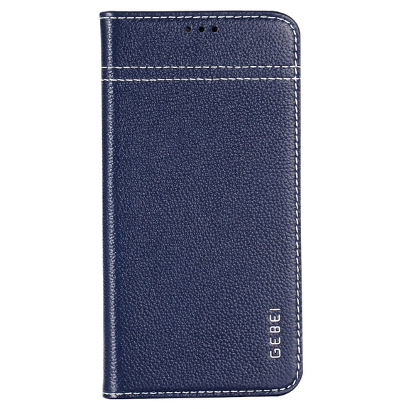 For iPhone XR GEBEI Top-grain Leather Horizontal Flip Protective Case with Holder & Card Slots(Blue)