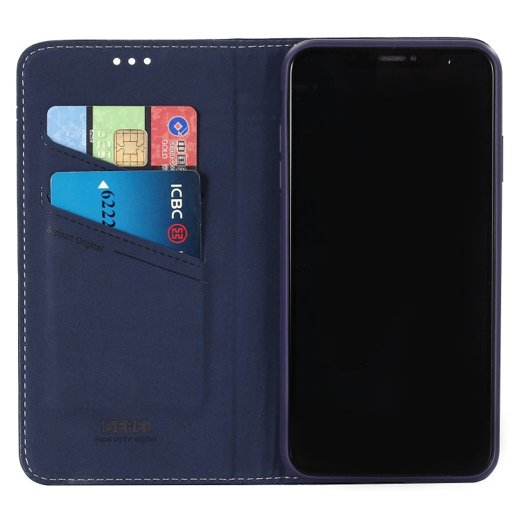 For iPhone XR GEBEI Top-grain Leather Horizontal Flip Protective Case with Holder & Card Slots(Blue)
