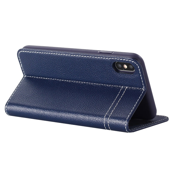 For iPhone XR GEBEI Top-grain Leather Horizontal Flip Protective Case with Holder & Card Slots(Blue)
