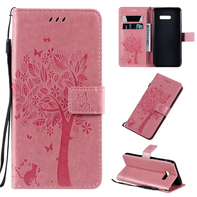 For LG G8X Tree & Cat Pattern Pressed Printing Horizontal Flip PU Leather Case with Holder & Card Slots & Wallet & Lanyard(Pink)