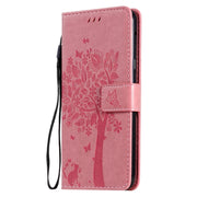 For LG G8X Tree & Cat Pattern Pressed Printing Horizontal Flip PU Leather Case with Holder & Card Slots & Wallet & Lanyard(Pink)