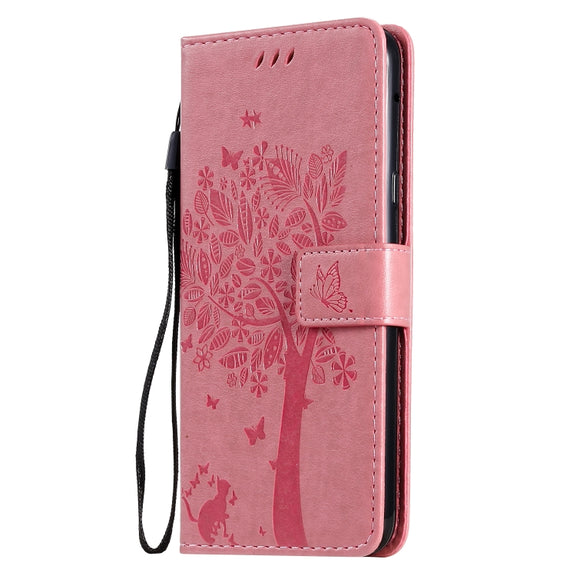 For LG G8X Tree & Cat Pattern Pressed Printing Horizontal Flip PU Leather Case with Holder & Card Slots & Wallet & Lanyard(Pink)