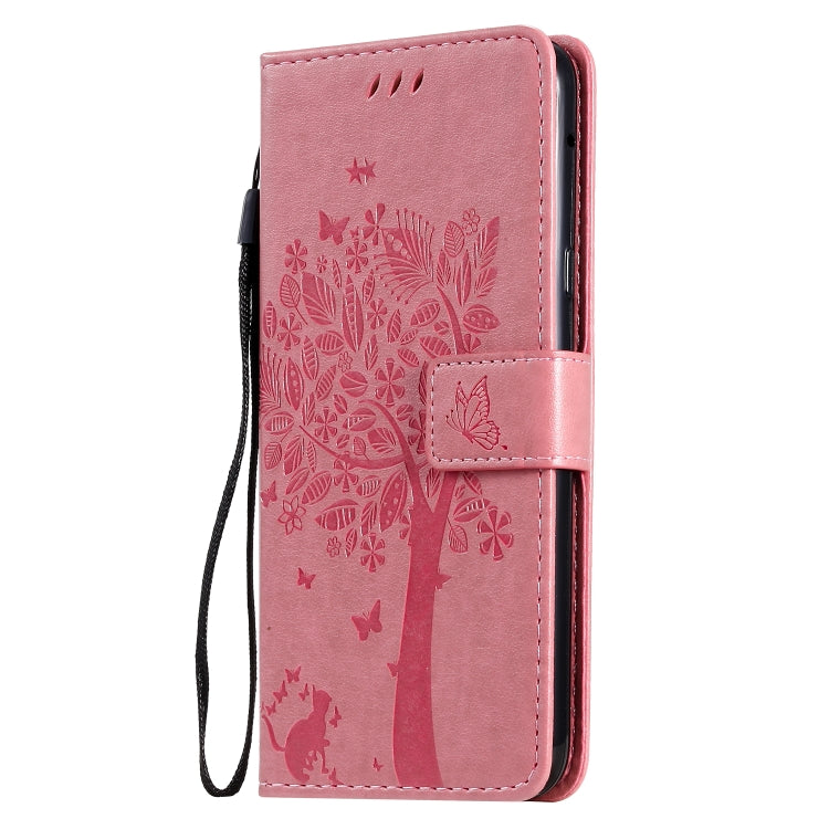 For LG G8X Tree & Cat Pattern Pressed Printing Horizontal Flip PU Leather Case with Holder & Card Slots & Wallet & Lanyard(Pink)