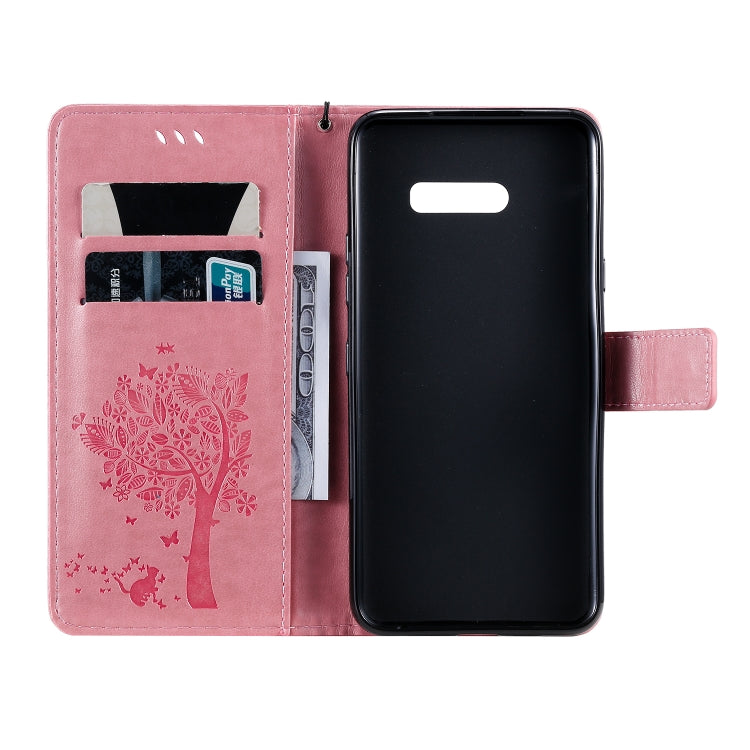 For LG G8X Tree & Cat Pattern Pressed Printing Horizontal Flip PU Leather Case with Holder & Card Slots & Wallet & Lanyard(Pink)