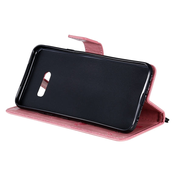 For LG G8X Tree & Cat Pattern Pressed Printing Horizontal Flip PU Leather Case with Holder & Card Slots & Wallet & Lanyard(Pink)