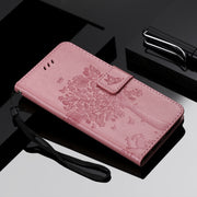 For LG G8X Tree & Cat Pattern Pressed Printing Horizontal Flip PU Leather Case with Holder & Card Slots & Wallet & Lanyard(Pink)