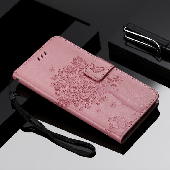 For LG G8X Tree & Cat Pattern Pressed Printing Horizontal Flip PU Leather Case with Holder & Card Slots & Wallet & Lanyard(Pink)