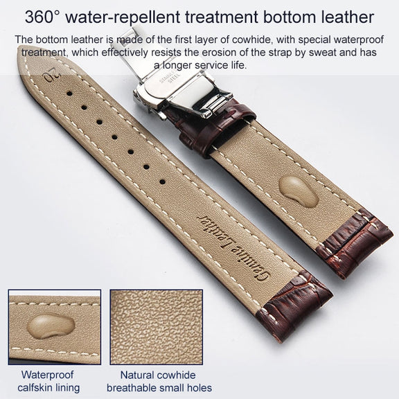 22mm Classic Cowhide Leather Gold Butterfly Buckle Watch Band(Black White Lines)