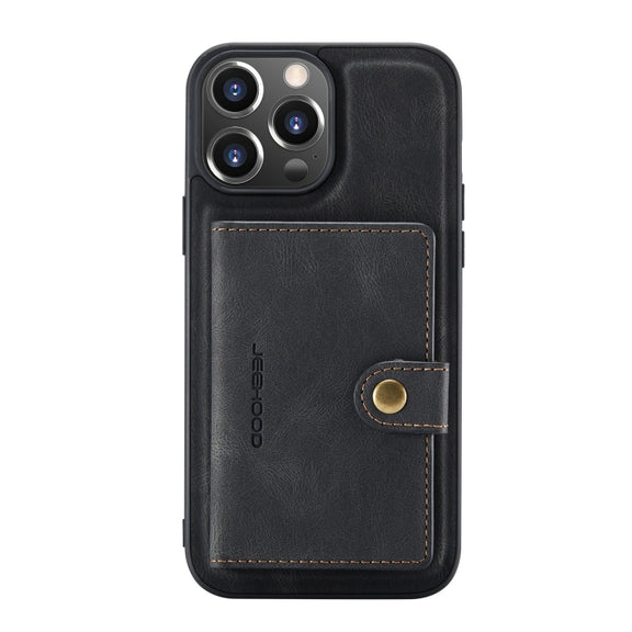 For iPhone 13 Pro Max JEEHOOD Retro Magnetic Detachable Protective Case with Wallet & Card Slot & Holder (Black)