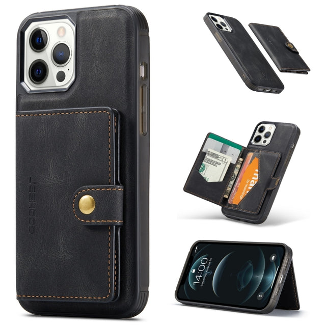 For iPhone 13 Pro Max JEEHOOD Retro Magnetic Detachable Protective Case with Wallet & Card Slot & Holder (Black)