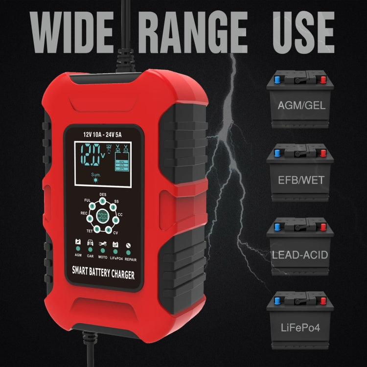 FOXSUR 10A 12V 7-segment Motorcycle / Car Smart Battery Charger, Plug Type:US Plug(Red)