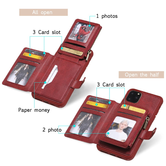 For iPhone 11 Pro Max Buckle Zipper Shockproof Protective Case with Holder & Card Slots & Wallet & Lanyard & Photos Frames(Brown)