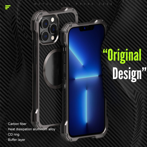 For iPhone 13 Pro Max R-JUST RJ51 Hollow Shockproof Metal Protective Case (Dark Grey)