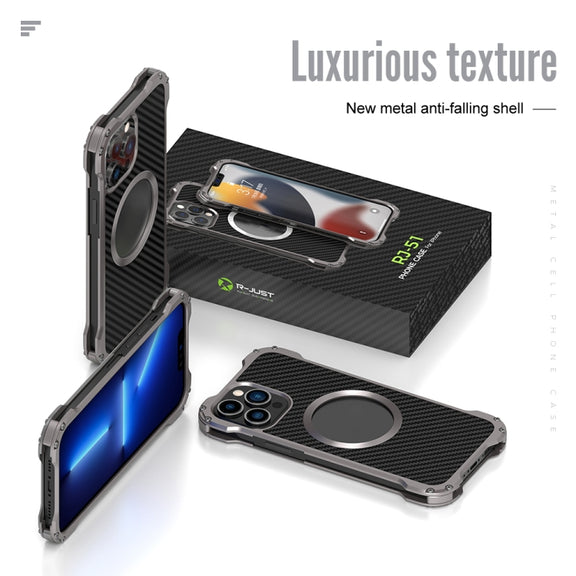 For iPhone 13 Pro Max R-JUST RJ51 Hollow Shockproof Metal Protective Case (Dark Grey)