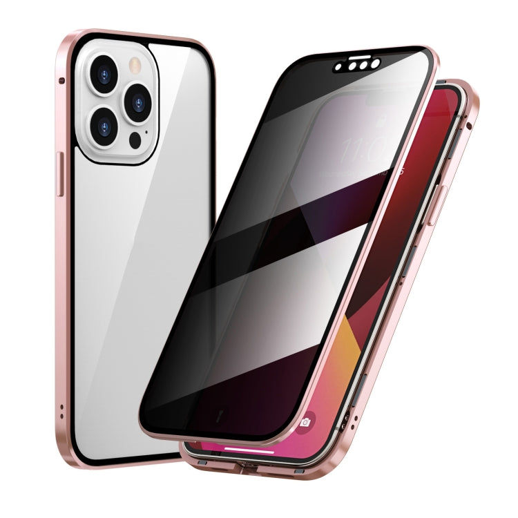 For iPhone 13 Pro Anti-peeping Magnetic Metal Frame Double-sided Tempered Glass Phone Case (Pink)