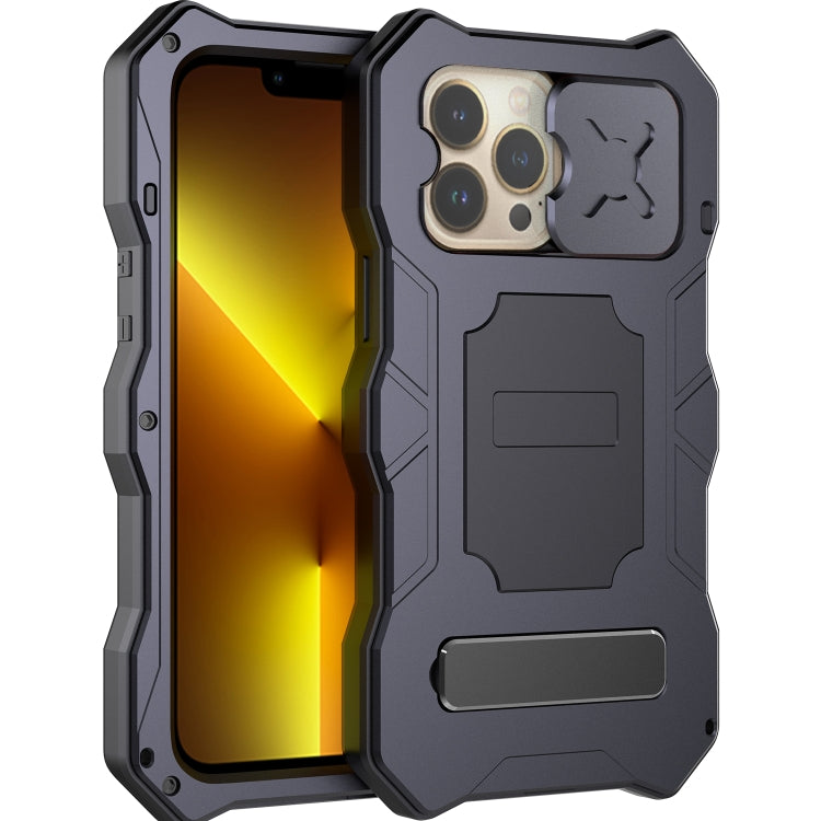 For iPhone 13 Pro Camshield Shockproof Life Water-resistant Dustproof Metal Case with Holder (Black)