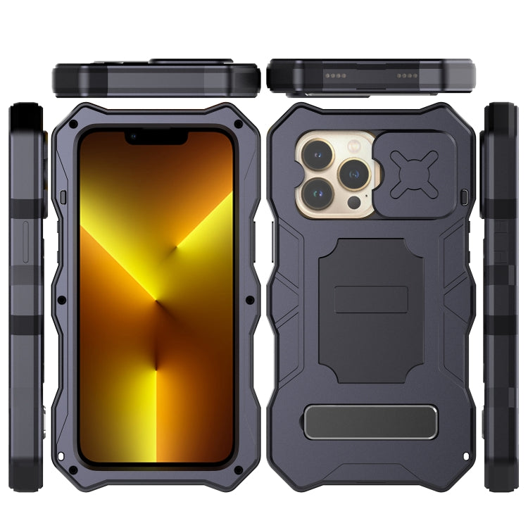For iPhone 13 Pro Camshield Shockproof Life Water-resistant Dustproof Metal Case with Holder (Black)