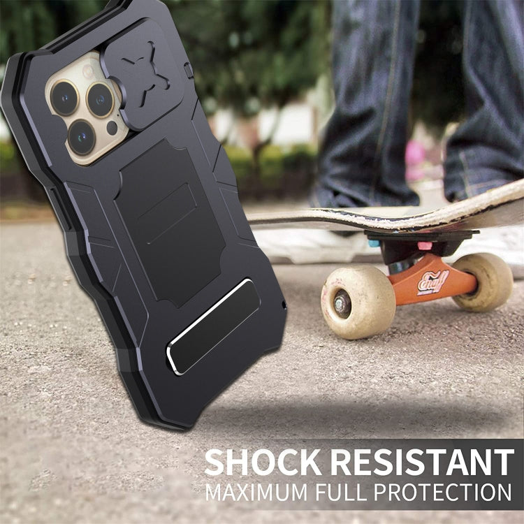 For iPhone 13 Pro Camshield Shockproof Life Water-resistant Dustproof Metal Case with Holder (Black)