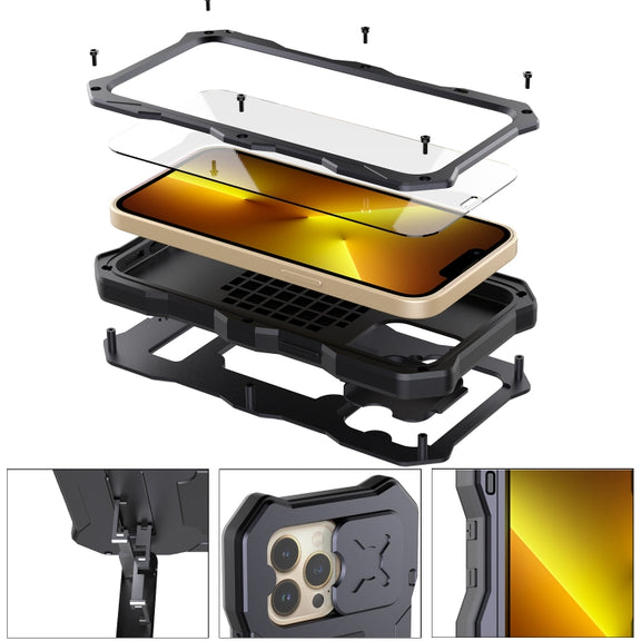 For iPhone 13 Pro Camshield Shockproof Life Water-resistant Dustproof Metal Case with Holder (Black)