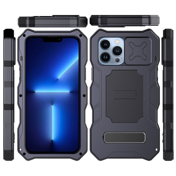 For iPhone 12 / 12 Pro Camshield Shockproof Life Water-resistant Dustproof Metal Case with Holder(Black)