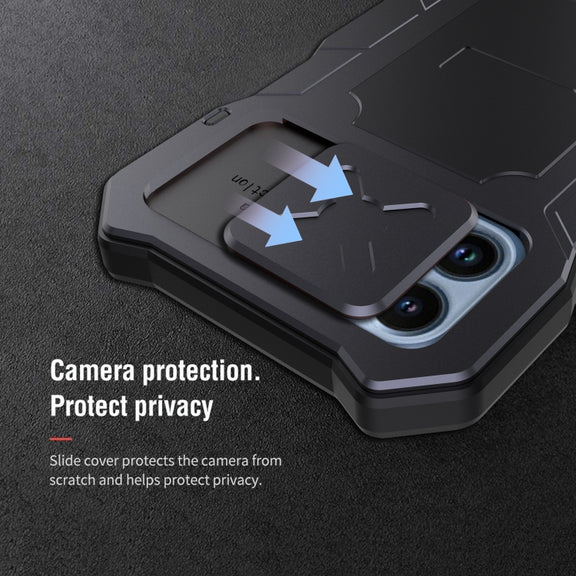 For iPhone 12 / 12 Pro Camshield Shockproof Life Water-resistant Dustproof Metal Case with Holder(Black)