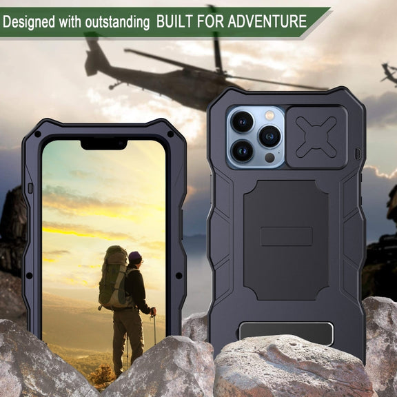 For iPhone 12 / 12 Pro Camshield Shockproof Life Water-resistant Dustproof Metal Case with Holder(Black)