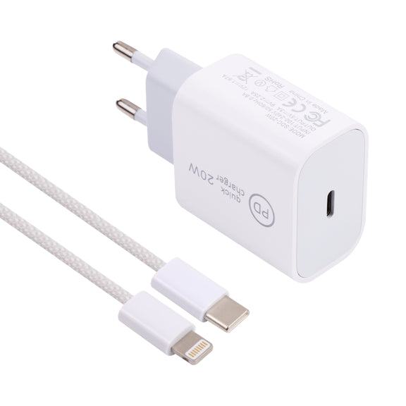 SDC-20W PD USB-C / Type-C Travel Charger + 1m 20W USB-C / Type-C to 8 Pin Data Cable Set, EU Plug(White)