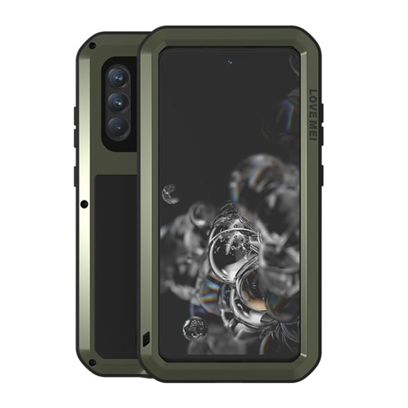 For Samsung Galaxy S21 FE LOVE MEI Metal Shockproof Water-resistant Dustproof Protective Phone Case with Glass(Green)