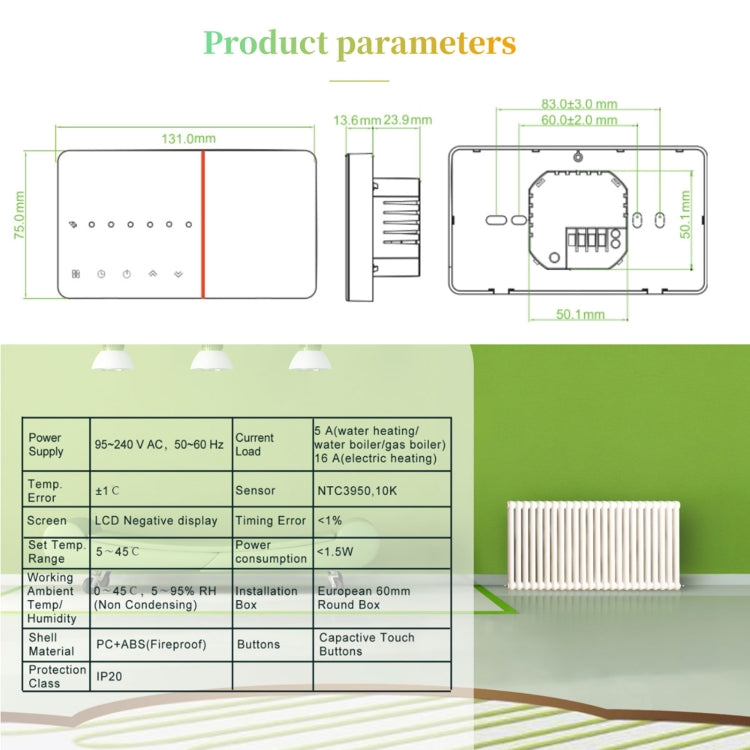BHT-005-GALW 220V AC 3A Smart Home Heating Thermostat for EU Box, Control Water Heating with Only Internal Sensor & WIFI Connection