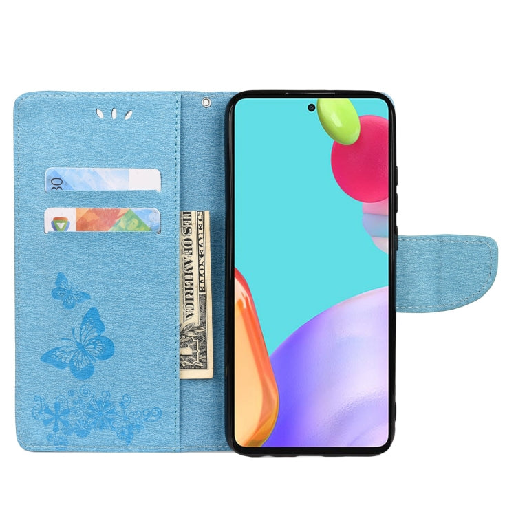 For Samsung Galaxy A33 5G Butterfly Embossed Horizontal Flip Leather Phone Case with Card Slot & Holder(Blue)