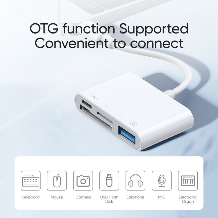 JOYROOM S-H142 4 in 1 8 Pin to SD / TF Card + 8 Pin Charge + USB Interface OTG Camera Reader Adapter(White)