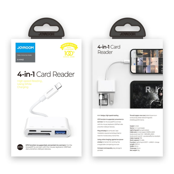 JOYROOM S-H142 4 in 1 8 Pin to SD / TF Card + 8 Pin Charge + USB Interface OTG Camera Reader Adapter(White)