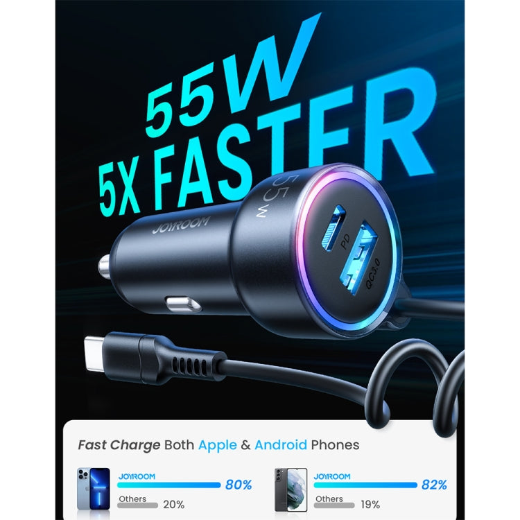 JOYROOM JR-CL07 3 in 1 55W PD USB-C / Type-C + USB Interface Car Charger with USB-C / Type-C Spring Data Cable(Black)
