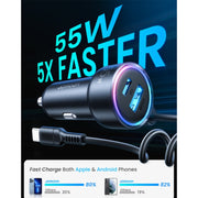 JOYROOM JR-CL07 3 in 1 55W PD USB-C / Type-C + USB Interface Car Charger with USB-C / Type-C Spring Data Cable(Black)