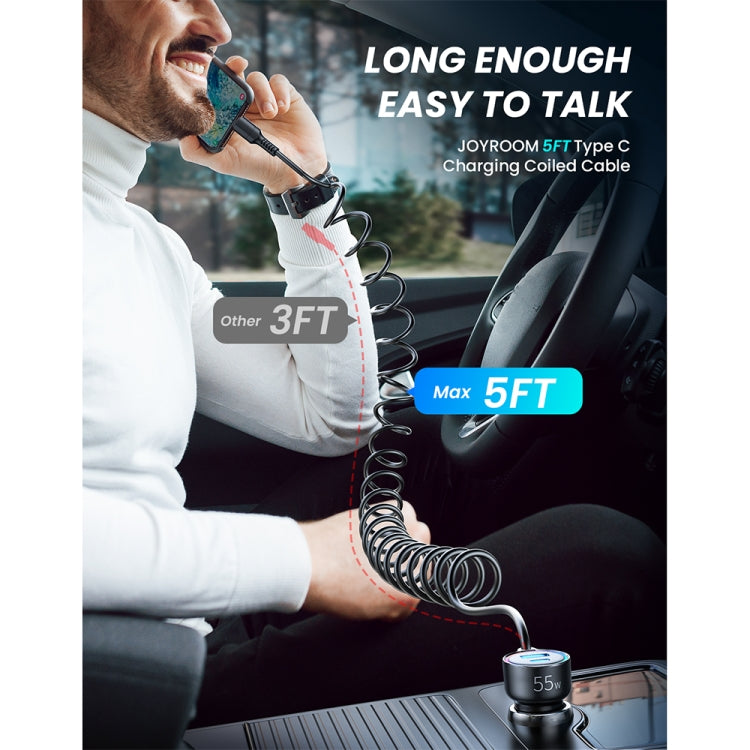 JOYROOM JR-CL07 3 in 1 55W PD USB-C / Type-C + USB Interface Car Charger with USB-C / Type-C Spring Data Cable(Black)