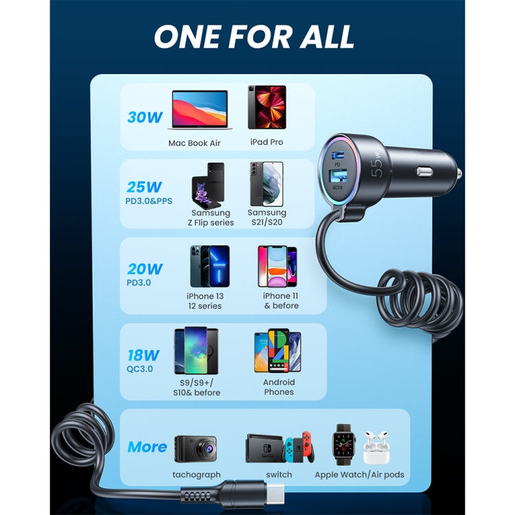 JOYROOM JR-CL07 3 in 1 55W PD USB-C / Type-C + USB Interface Car Charger with USB-C / Type-C Spring Data Cable(Black)