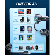 JOYROOM JR-CL07 3 in 1 55W PD USB-C / Type-C + USB Interface Car Charger with USB-C / Type-C Spring Data Cable(Black)