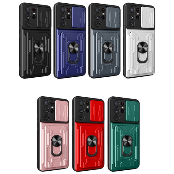 For Samsung Galaxy S21 Ultra 5G Camera Cover Phone Case with Card Slot & Holder(Black)