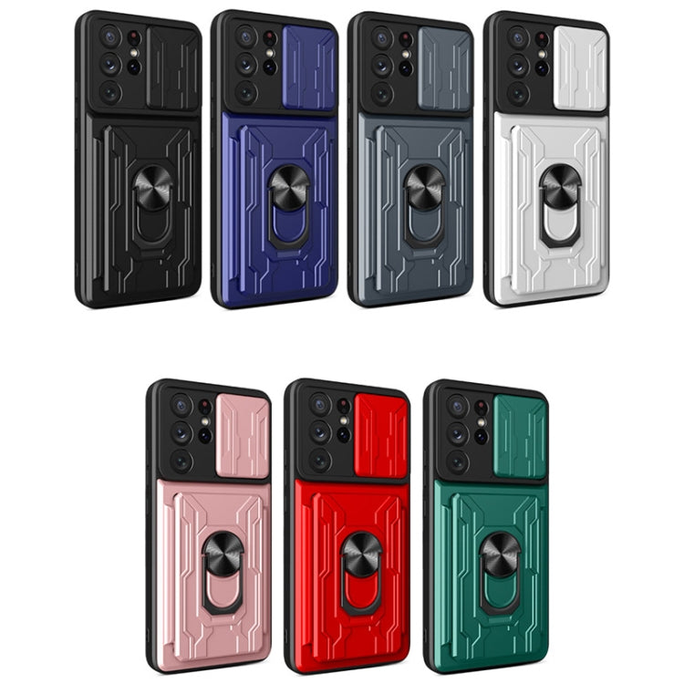 For Samsung Galaxy S21 Ultra 5G Camera Cover Phone Case with Card Slot & Holder(Black)