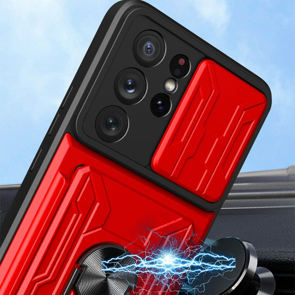 For Samsung Galaxy S21 Ultra 5G Camera Cover Phone Case with Card Slot & Holder(Black)