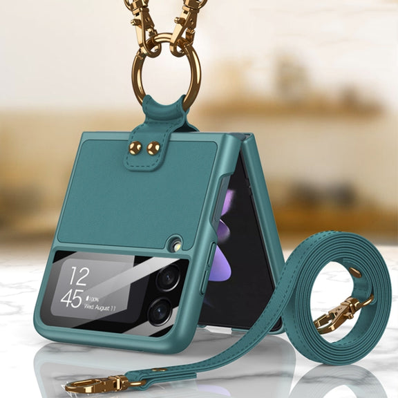 For Samsung Galaxy Z Flip3 5G GKK Ultra-thin PC + PU Phone Case with Ring & Strap(Dark Green)