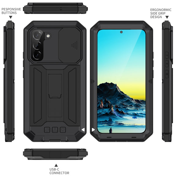 For Samsung Galaxy S22+ 5G R-JUST Sliding Camera Metal + Silicone Holder Phone Case(Black)