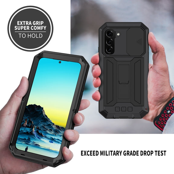 For Samsung Galaxy S22+ 5G R-JUST Sliding Camera Metal + Silicone Holder Phone Case(Black)