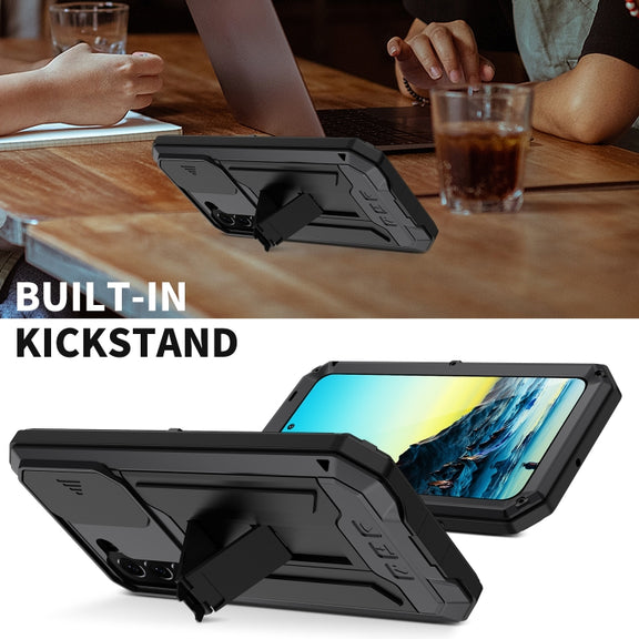 For Samsung Galaxy S22+ 5G R-JUST Sliding Camera Metal + Silicone Holder Phone Case(Black)