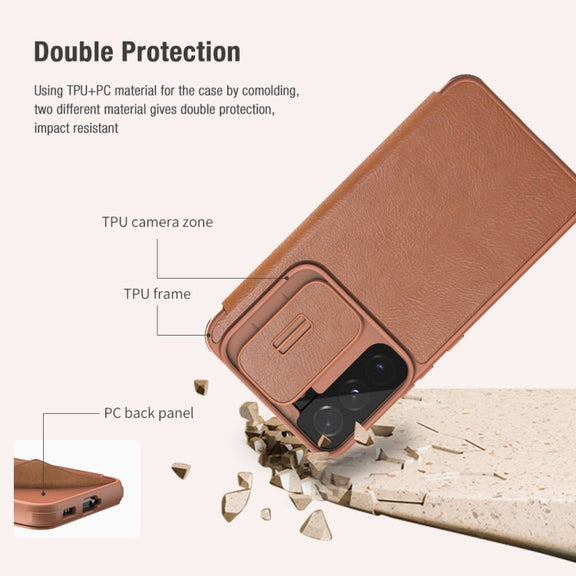 For Samsung Galaxy S22+ 5G NILLKIN QIN Series Pro Sliding Camera Cover Design Leather Phone Case(Brown)