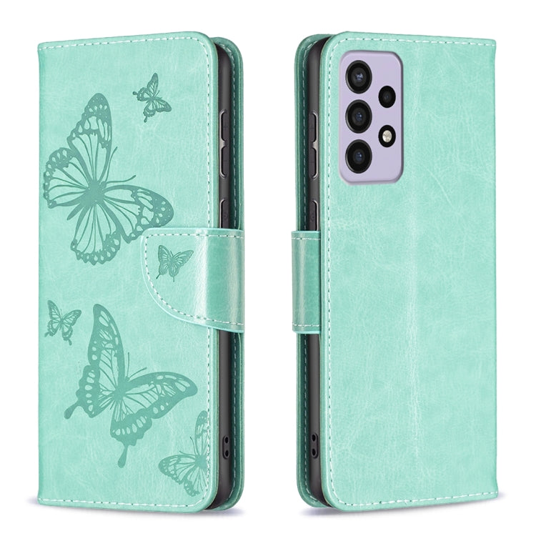 For Samsung Galaxy A73 5G Two Butterflies Embossing Leather Phone Case(Green)