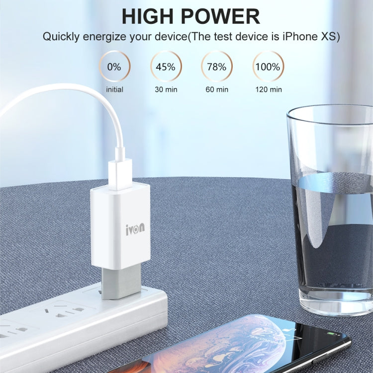 IVON AD-33 2 in 1 2.1A Single USB Port Travel Charger + 1m USB to 8 Pin Data Cable Set, EU Plug(White)