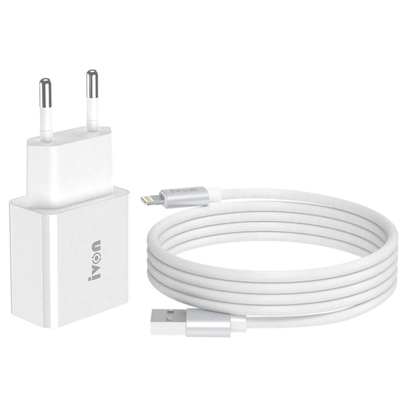IVON AD-35 2 in 1 18W QC3.0 USB Port Travel Charger + 1m USB to 8 Pin Data Cable Set, EU Plug(White)