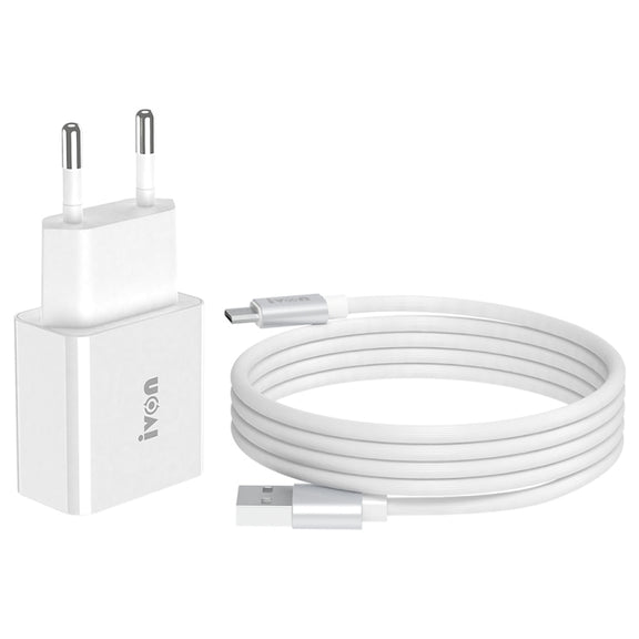 IVON AD-35 2 in 1 18W QC3.0 USB Port Travel Charger + 1m USB to Micro USB Data Cable Set, EU Plug(White)